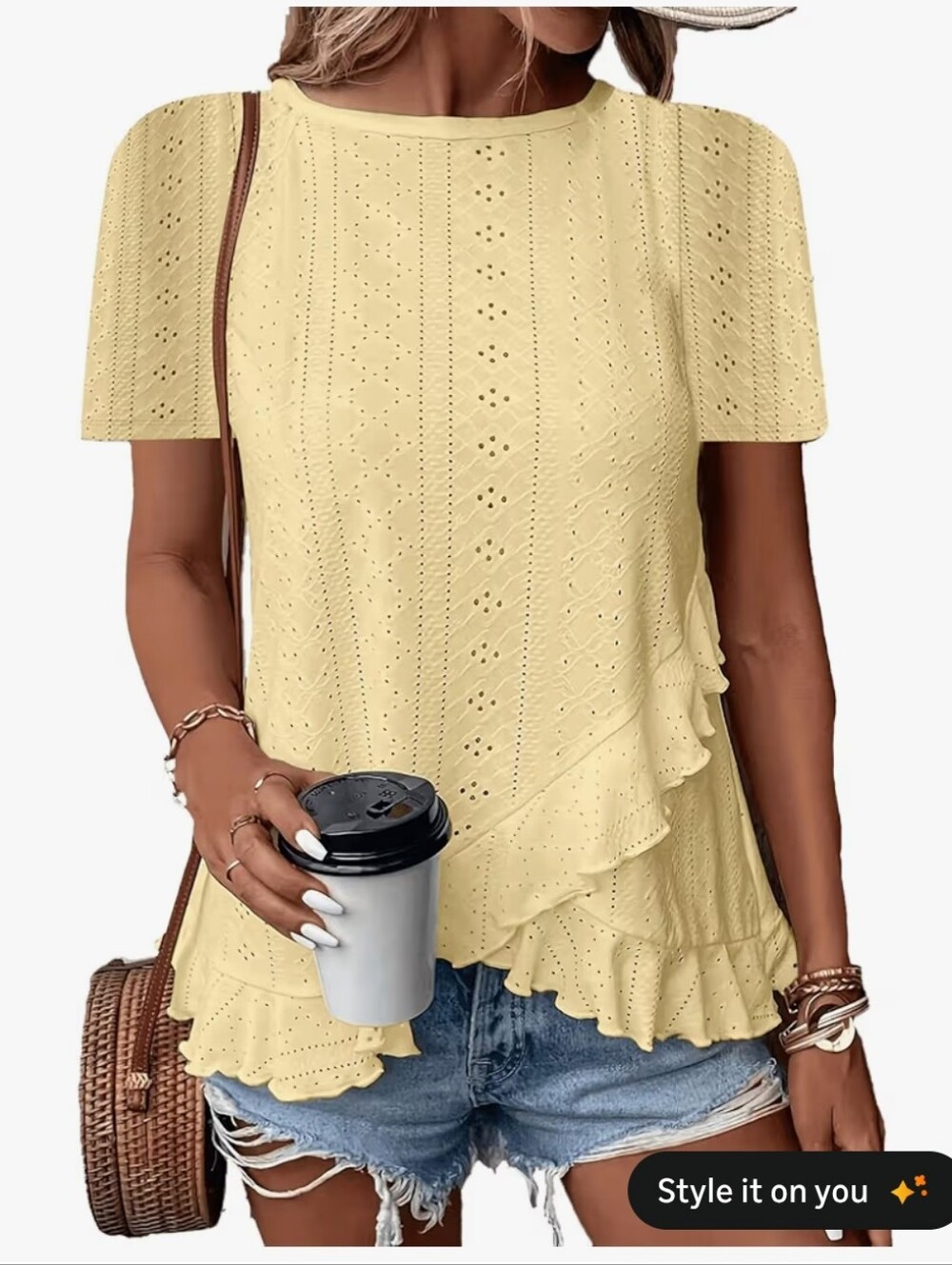 Casual Ruffle Hem Eyelet Tunic Top - Yellow #121